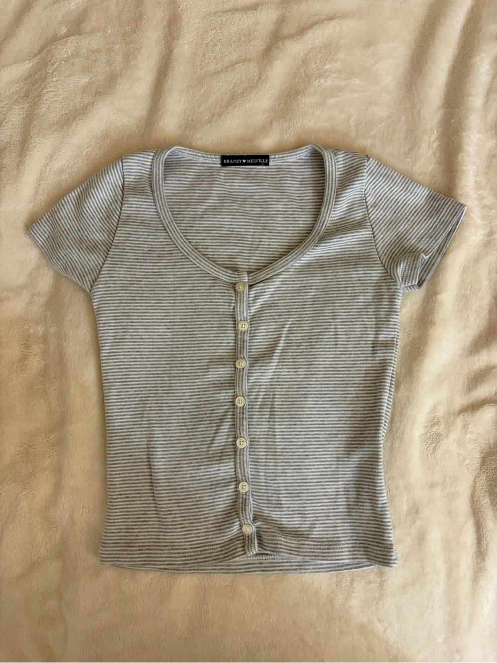 Brandy Melville Light Gray & White Striped Button-Front Zelly Top